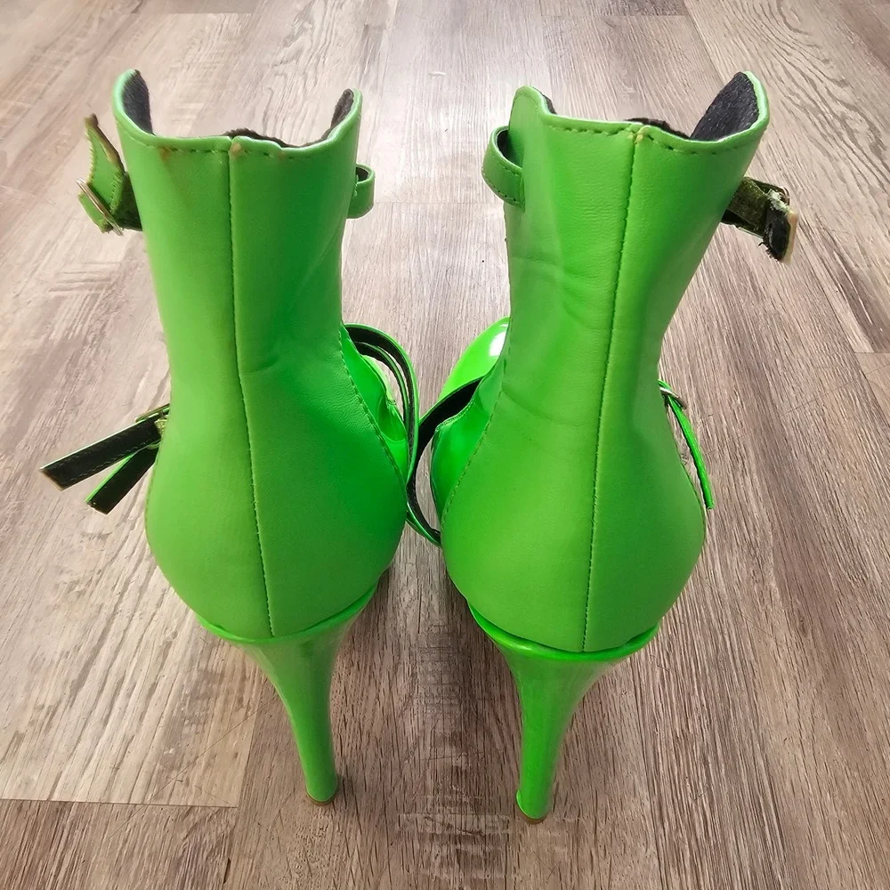 Ami Clubwear Neon Green‎ Patent Leather Platform Pumps Triple Buckle Strap Heels